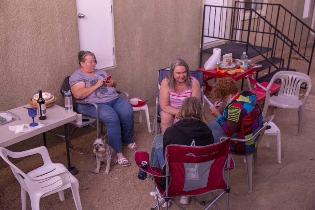 Noshes and Hatters
Back at the Atomic Inn after our first day in Death Valley.  Clockwise from left:  Jock, Diana, Sandie, JoAnn, Kelly, at the Atomic Inn.  Thursday evening, Oct. 24, 2019.
