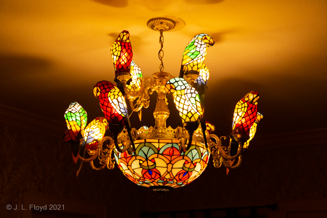 Birds of Paradise
I'm a devoted fan of Tiffany-style stained glass, and for me this chandelier was the crowning glory of the house, a major contribution to making it a Mecca of gracious living. 
