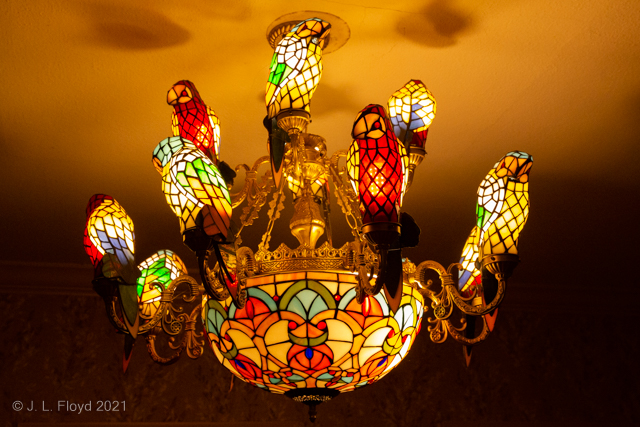 An Avian Glass Menagerie
One of the chief marvels of this marvelous house was the electric Tiffany parrot chandelier perched above the dining table.
