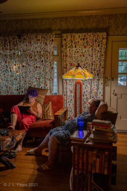 JoAnn and Diana carry on
JoAnn and Diana taking it easy in Josie's living room.  Note the Tiffany-style floor lamp behind Diana and to JoAnn's left.
