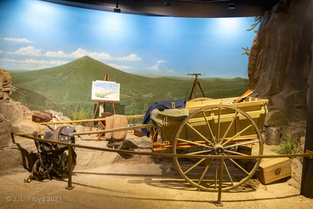 Surveyor's Wagon
Fur trapping gave way to mining and other activities in the mid-1800s.  This wagon appears to be a vehicle for a surveying expedition.  Unfortunately, the surveyor apparently got lost and perished of hunger, thirst and exposure in the desert, or maybe was scalped by Indians, because he is nowhere to be seen.
