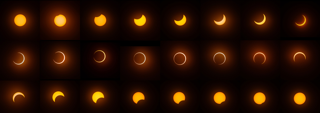 The annular solar eclipse of October 14, 2023 - Montage of 24 images
A montage illustrating the progress of the annular eclipse of October 14, 2023, as seen from Bryce Point, Bryce Canyon, Utah, from immediately prior to first contact to immediately after fourth contact
