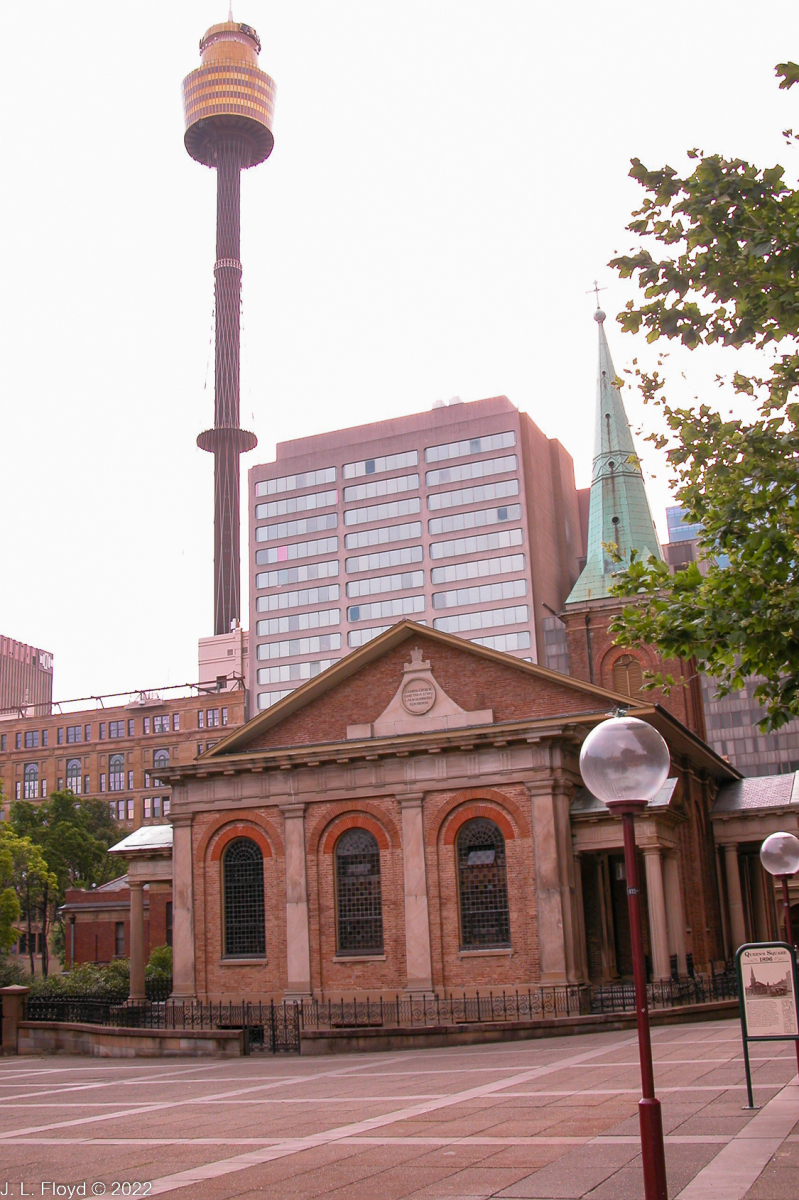 St. James Anglican Church, 1824, with Sydney Tower in background.